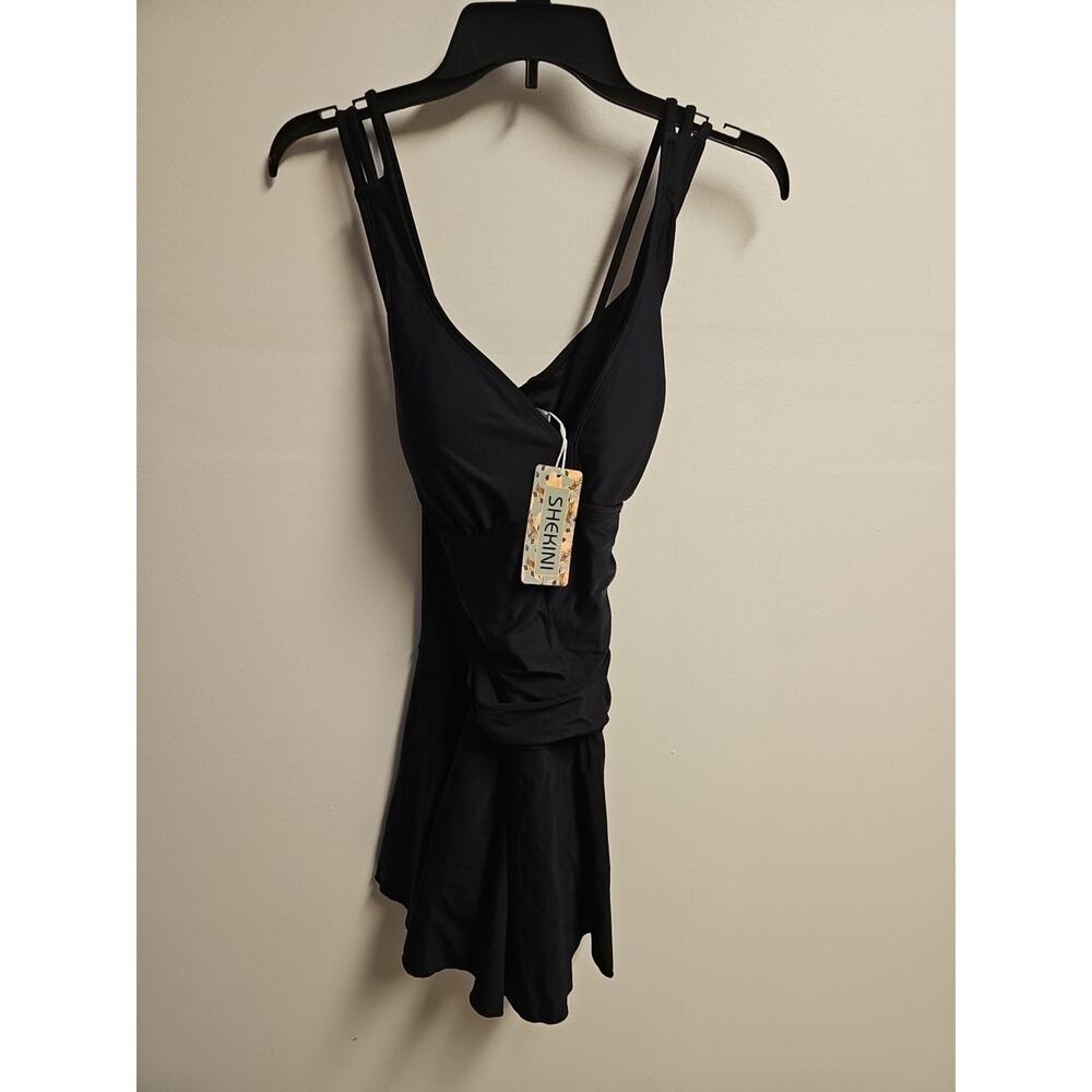 Shekini Crisscross Swimdress One Piece Skirt Swimsuit Tummy Control Black XL NWT - Picture 2 of 7